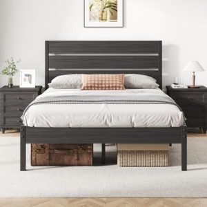Fluest Full Bed Frame with Headboard & Footboard - Rustic Grey Metal Platform Bed for Under Bed Storage, No Box Spring N