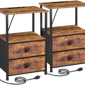 Night Stand Set 2 - Nightstand with Charging Station for Small Spaces - Rustic Brown End Tables with Storage Shelf & 2 F